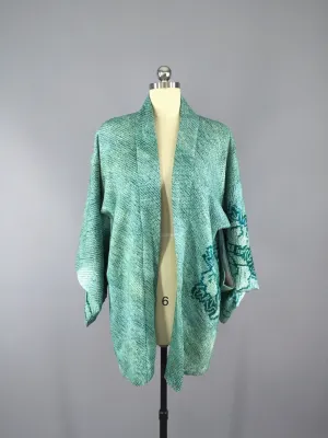 1960s Vintage Silk Haori Kimono Cardigan / Emerald Green Shibori