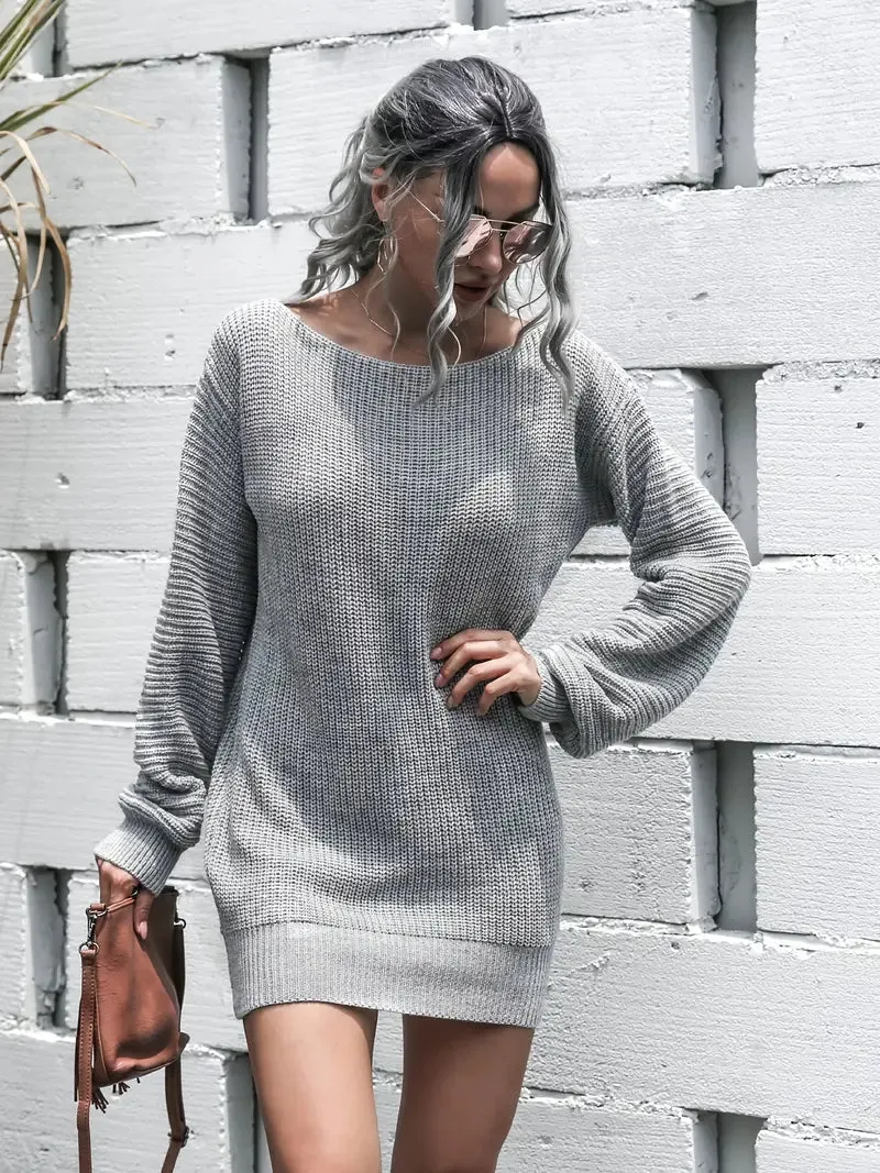 Amozae-nye outfits back to school dress  Loose Round Neck Solid Sweater Dress