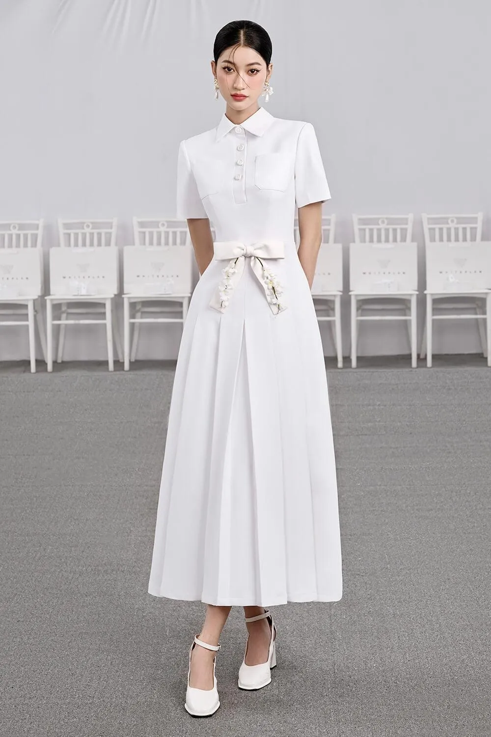 Candle A-line Collared Neck Cotton Midi Dress