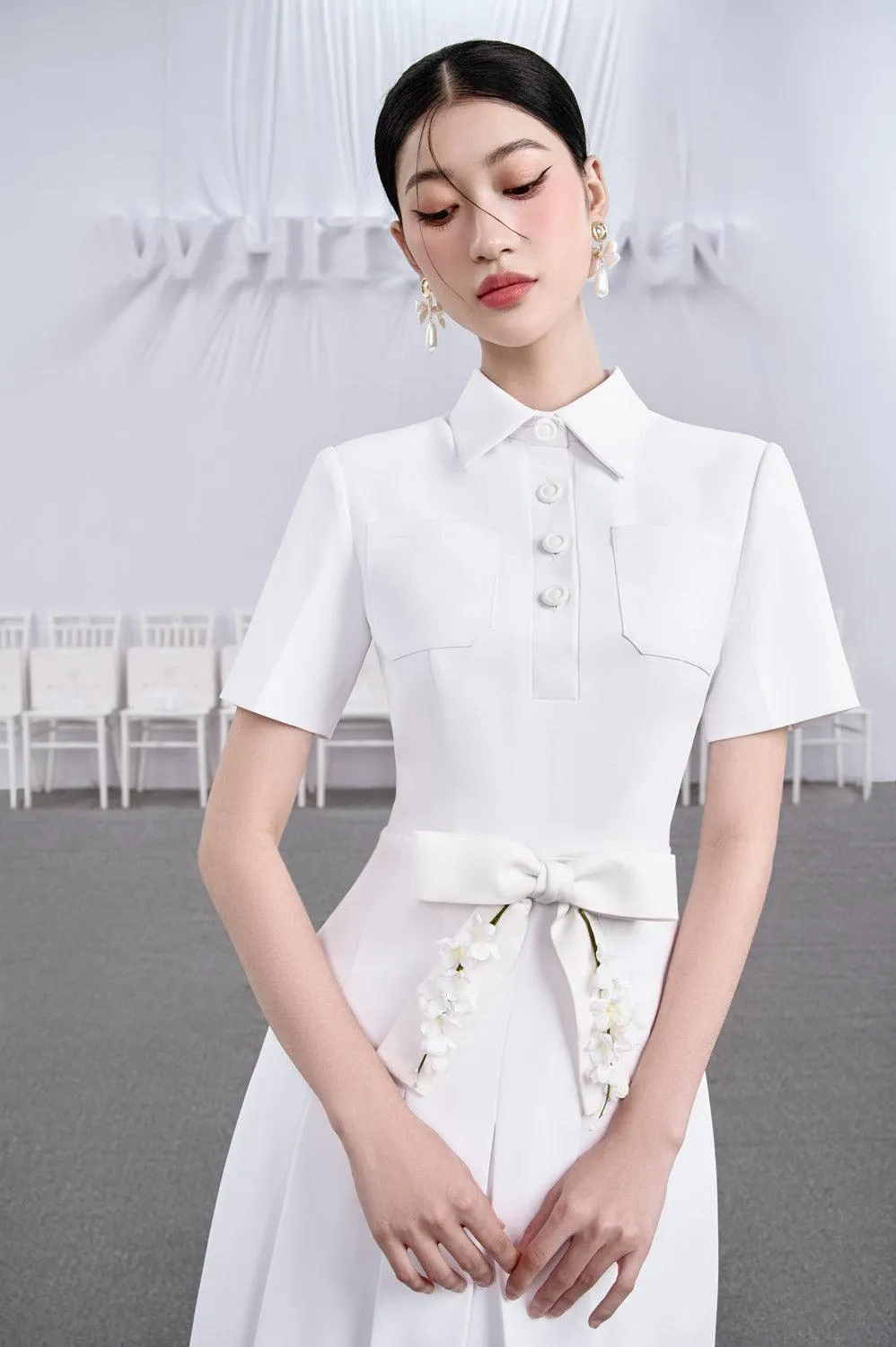 Candle A-line Collared Neck Cotton Midi Dress