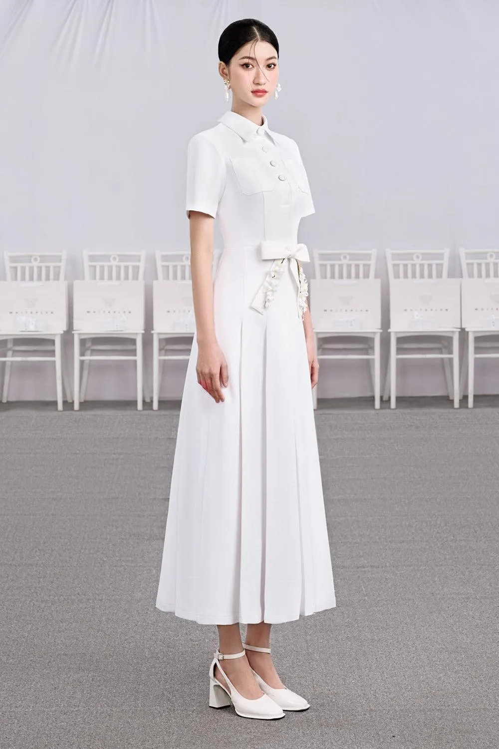 Candle A-line Collared Neck Cotton Midi Dress