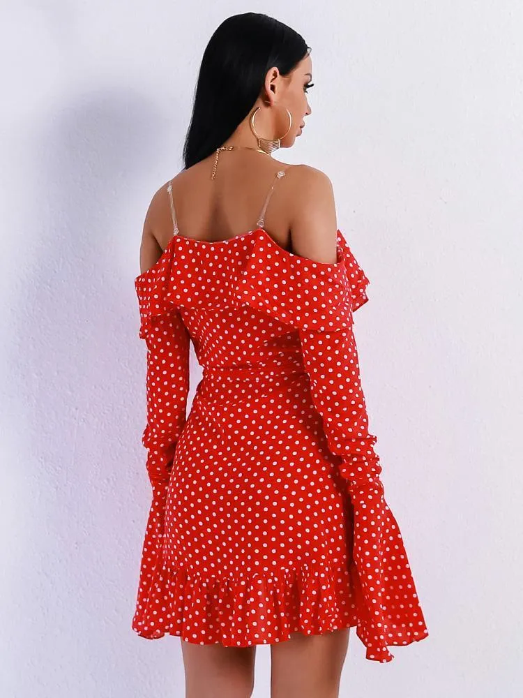 Dot Bell Sleeve Ruffle A-Line Red Dress