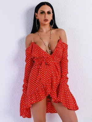 Dot Bell Sleeve Ruffle A-Line Red Dress