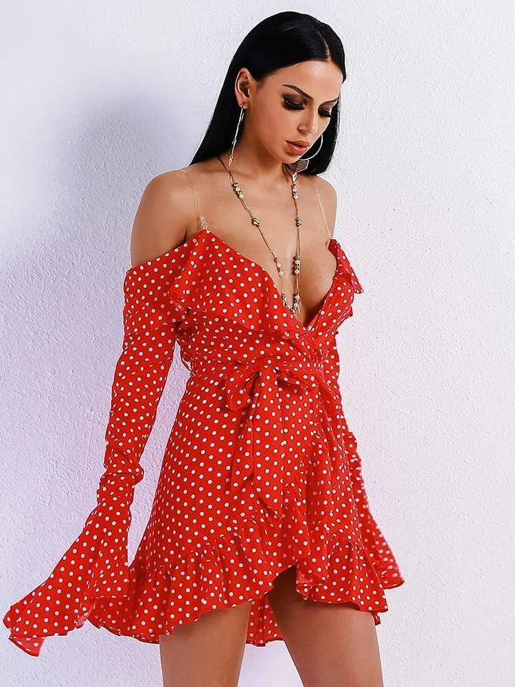 Dot Bell Sleeve Ruffle A-Line Red Dress