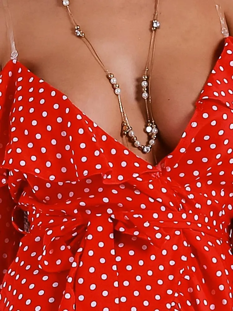 Dot Bell Sleeve Ruffle A-Line Red Dress