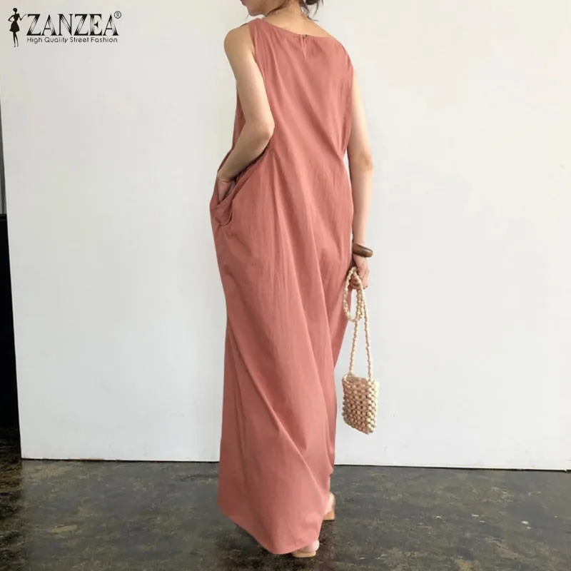 Elegant Solid Maxi Dress Women's Summer Sundress ZANZEA 2022 Casual Sleeveless sarafans Vestidos Female Cotton Robe