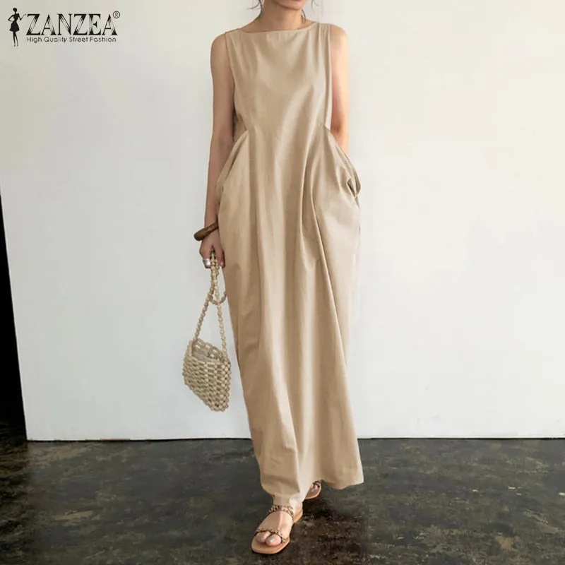 Elegant Solid Maxi Dress Women's Summer Sundress ZANZEA 2022 Casual Sleeveless sarafans Vestidos Female Cotton Robe