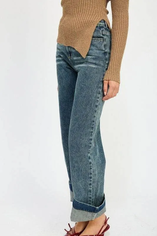 Emory Park Washed Denim Pants With Fold Over Detail