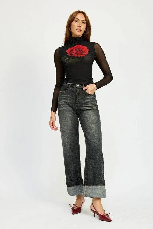 Emory Park Washed Denim Pants With Fold Over Detail