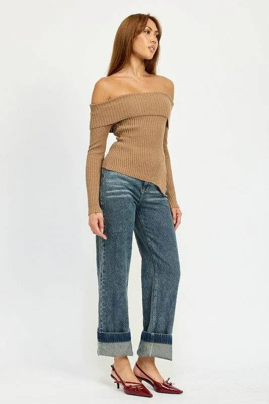 Emory Park Washed Denim Pants With Fold Over Detail
