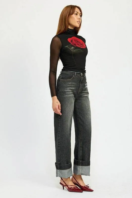Emory Park Washed Denim Pants With Fold Over Detail
