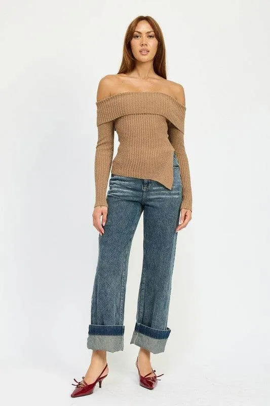 Emory Park Washed Denim Pants With Fold Over Detail