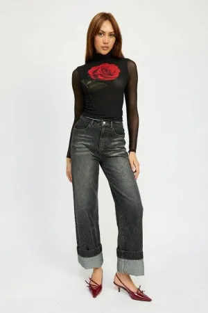 Emory Park Washed Denim Pants With Fold Over Detail