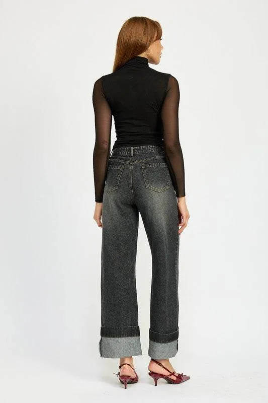 Emory Park Washed Denim Pants With Fold Over Detail