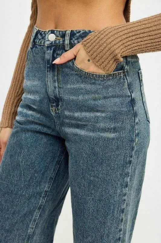 Emory Park Washed Denim Pants With Fold Over Detail