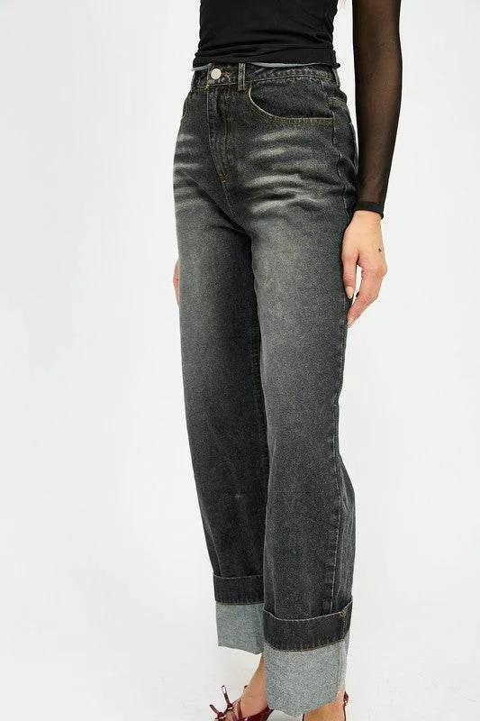 Emory Park Washed Denim Pants With Fold Over Detail