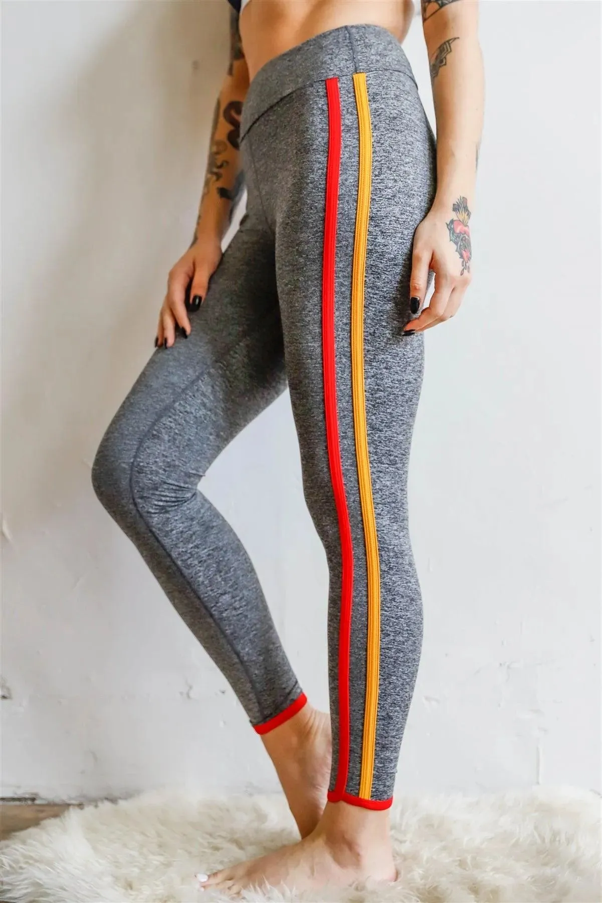 Heather Grey Striped Sports Yoga Legging /3-1-2