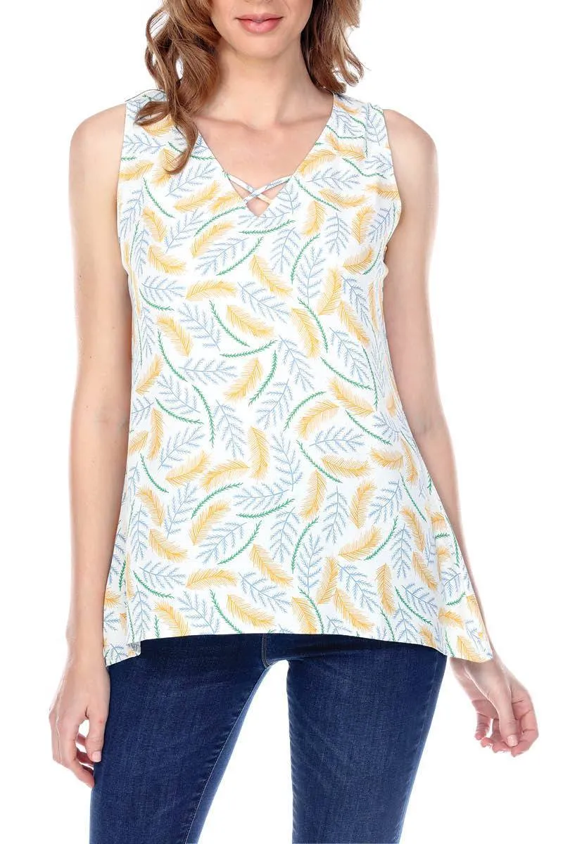 Leaf Print Crisscross V-Neck Sleeveless Top