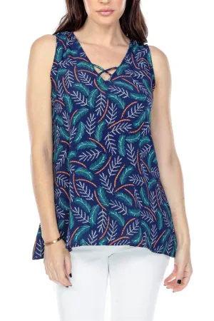 Leaf Print Crisscross V-Neck Sleeveless Top