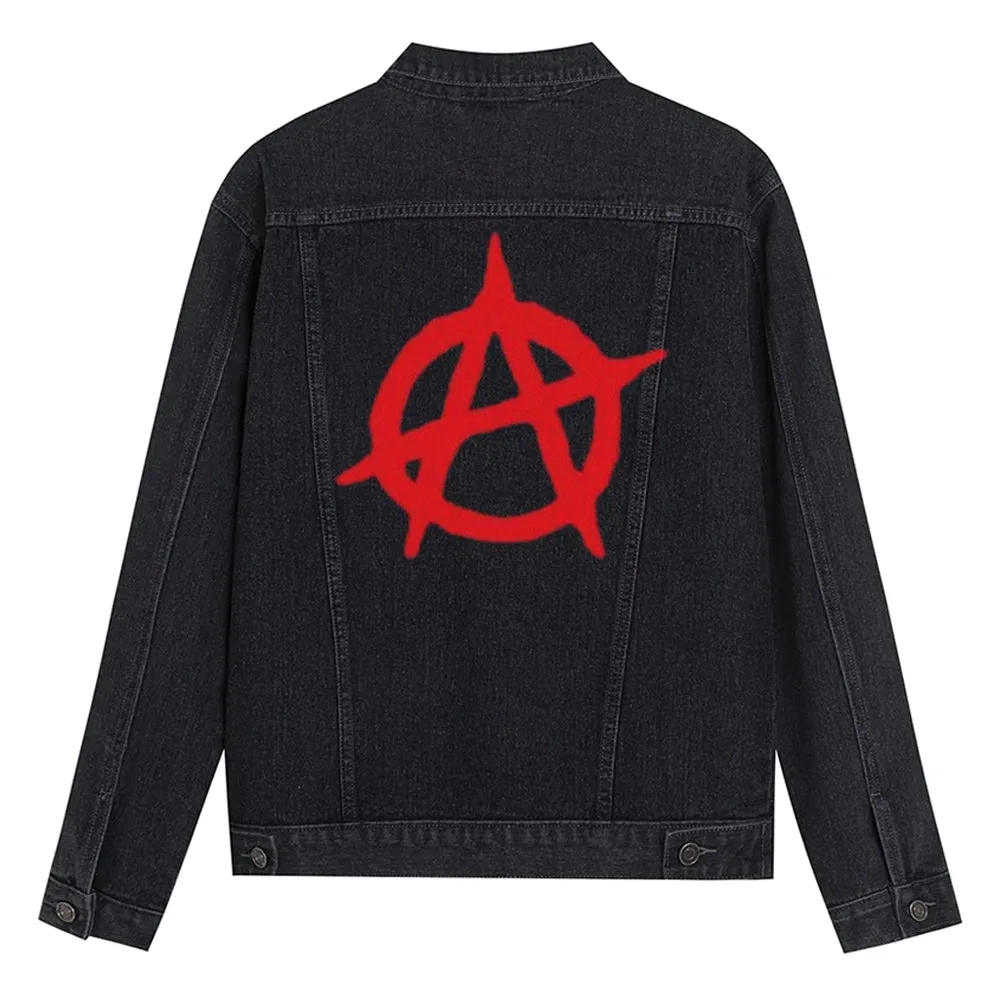 Mens Anarchy Print Graphic Button Up Denim Jacket