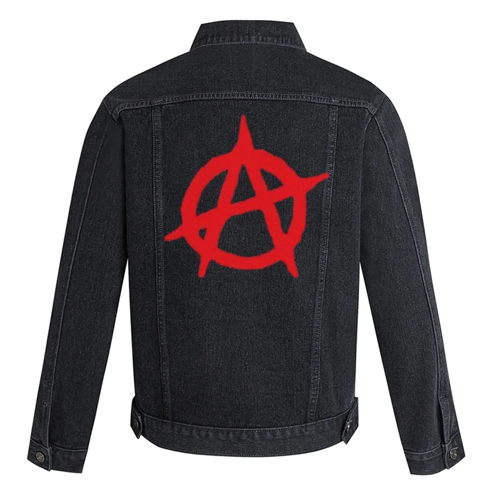 Mens Anarchy Print Graphic Button Up Denim Jacket