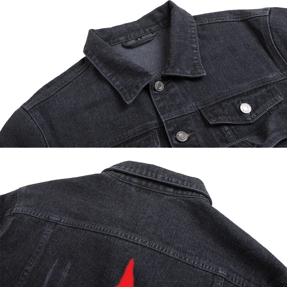 Mens Anarchy Print Graphic Button Up Denim Jacket