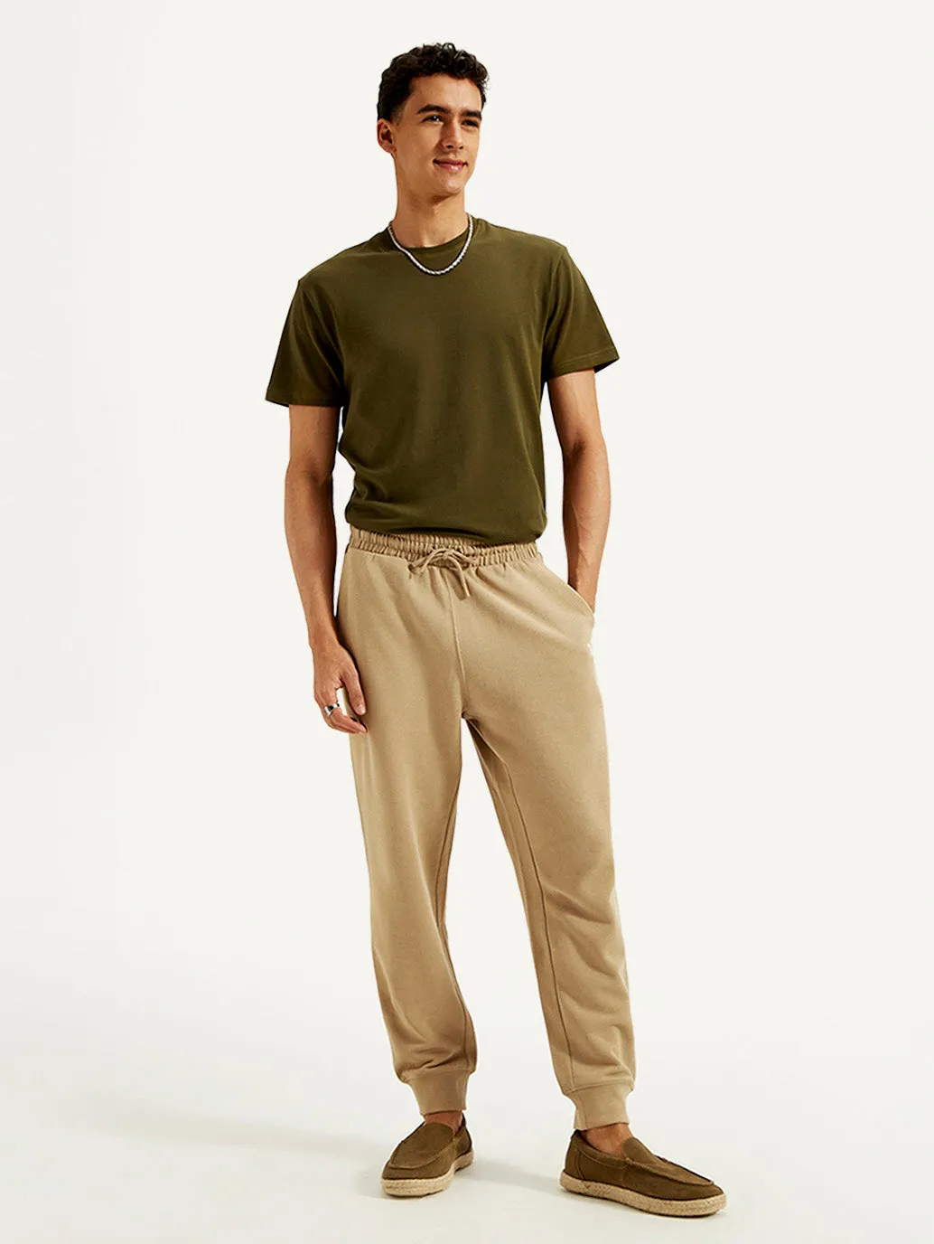 Men's Beige Solid Utility Joggers