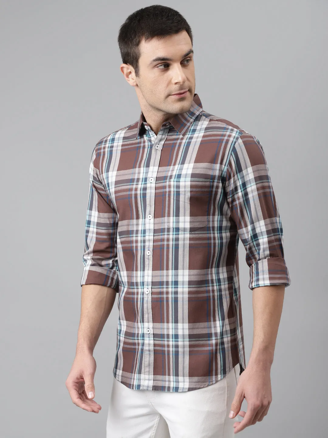 Men's Checkered Slim Fit Cotton Casual Shirt With Spread Collar