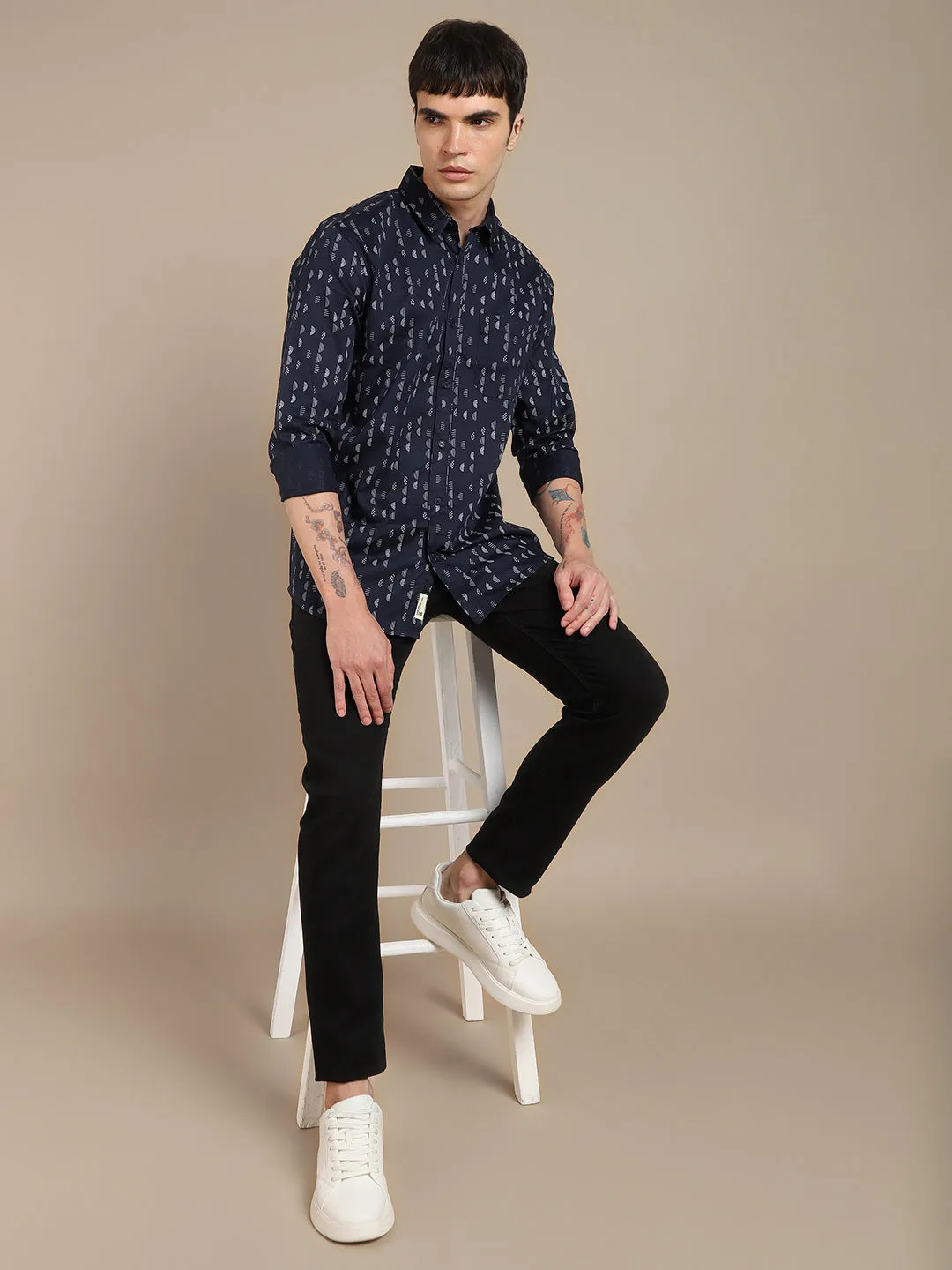 Men's Conversational Printed Pure Cotton Casual Slim Fit Shirt