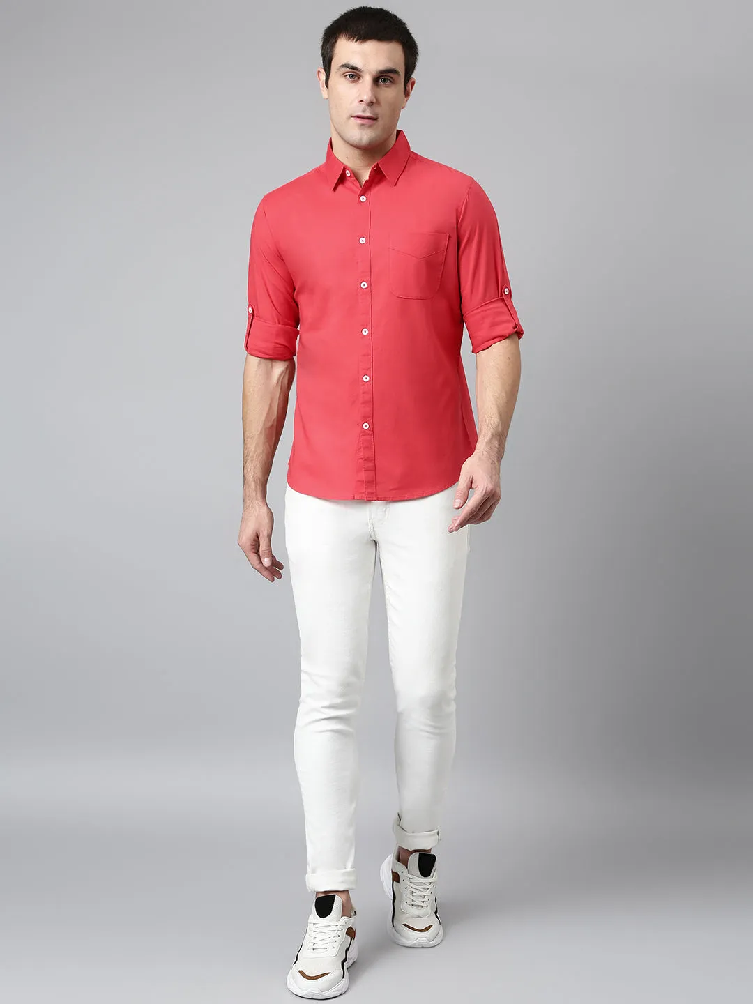 Men's Cotton Solid Red Slim Fit Casual Shirt