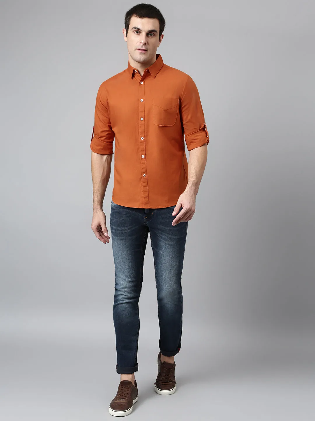Men's Cotton Solid Rust Slim Fit Casual Shirt