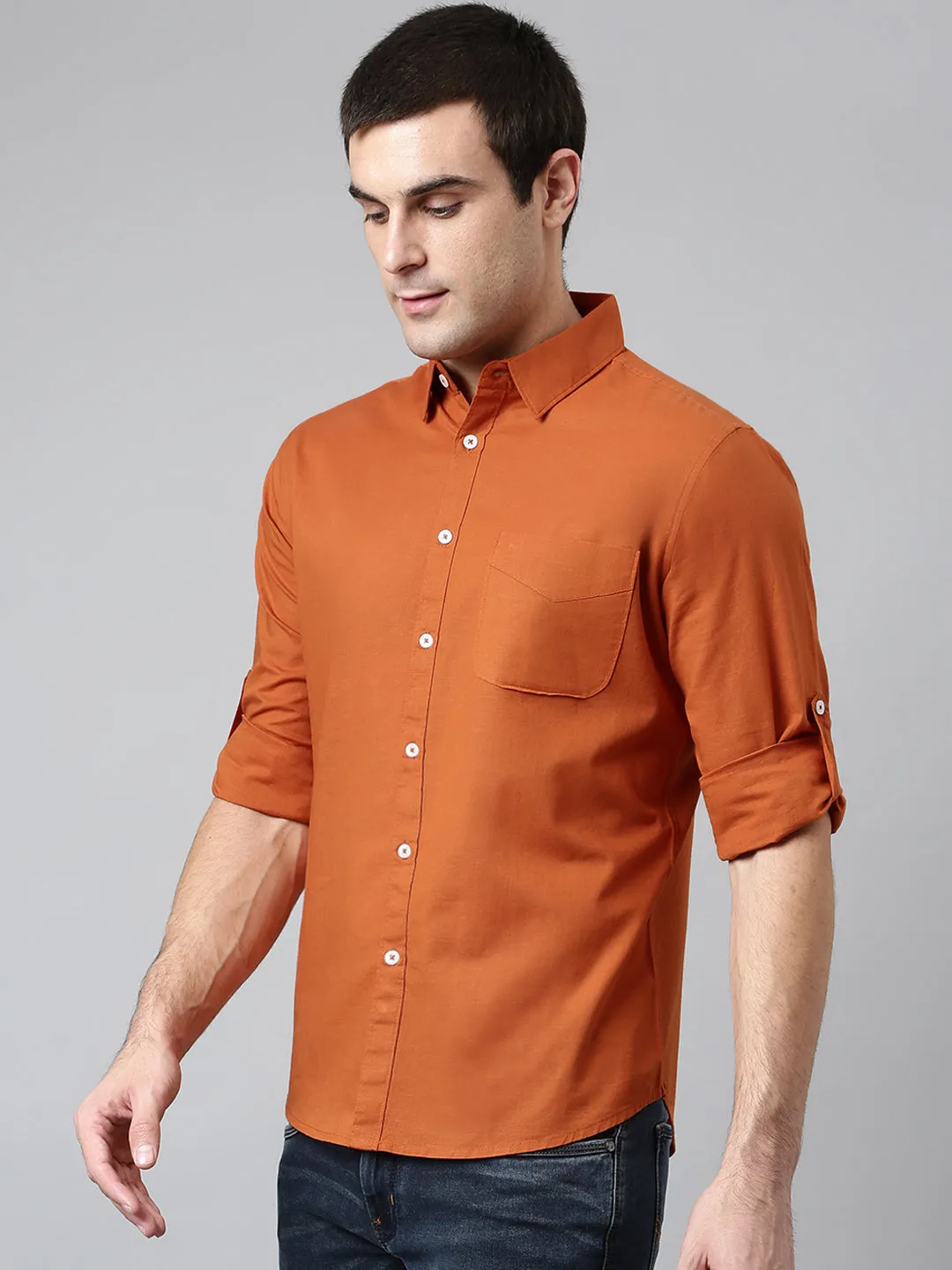 Men's Cotton Solid Rust Slim Fit Casual Shirt