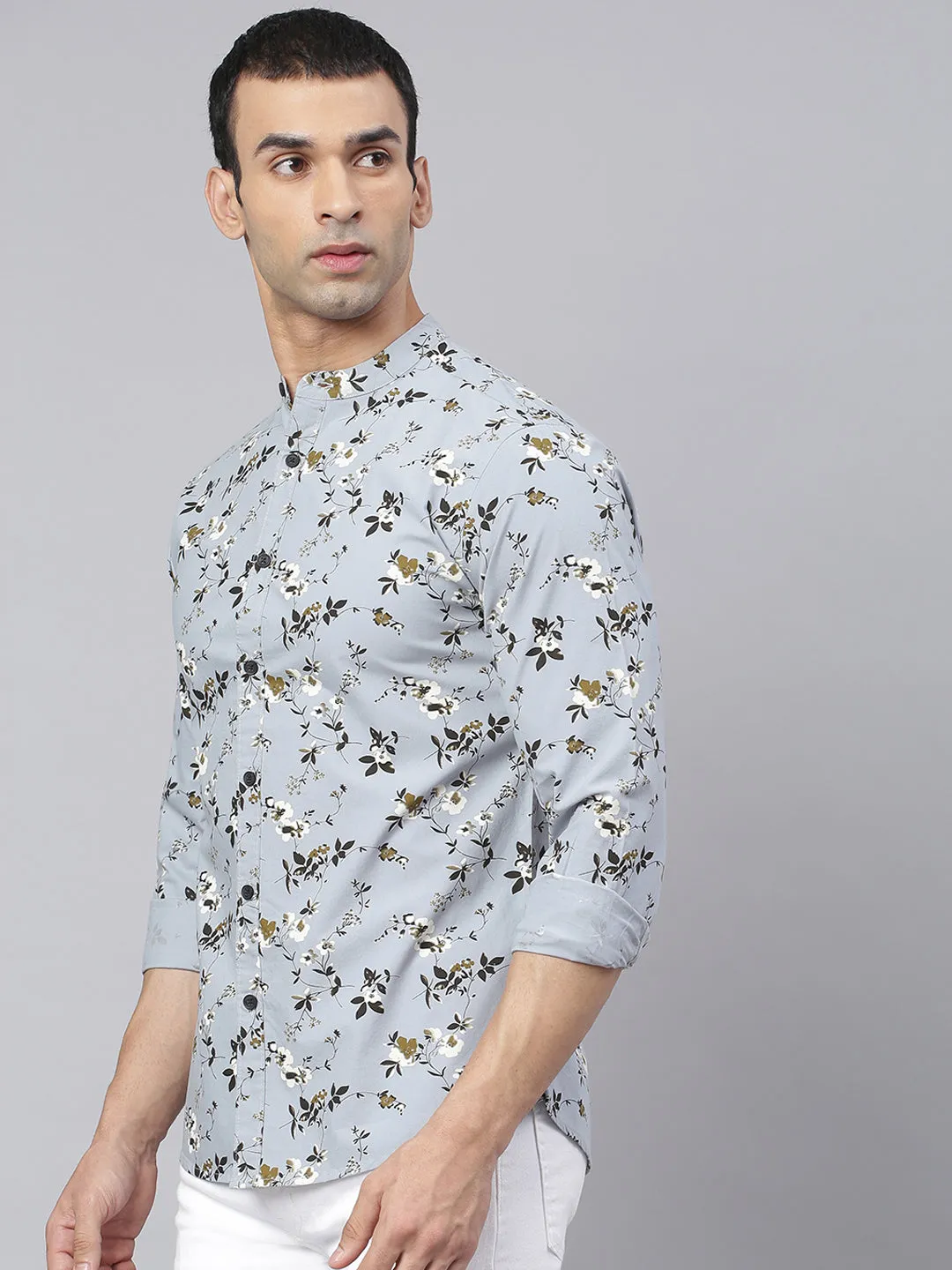 Men's Floral Print Dusty Teal Slim Fit Cotton Casual Shirt