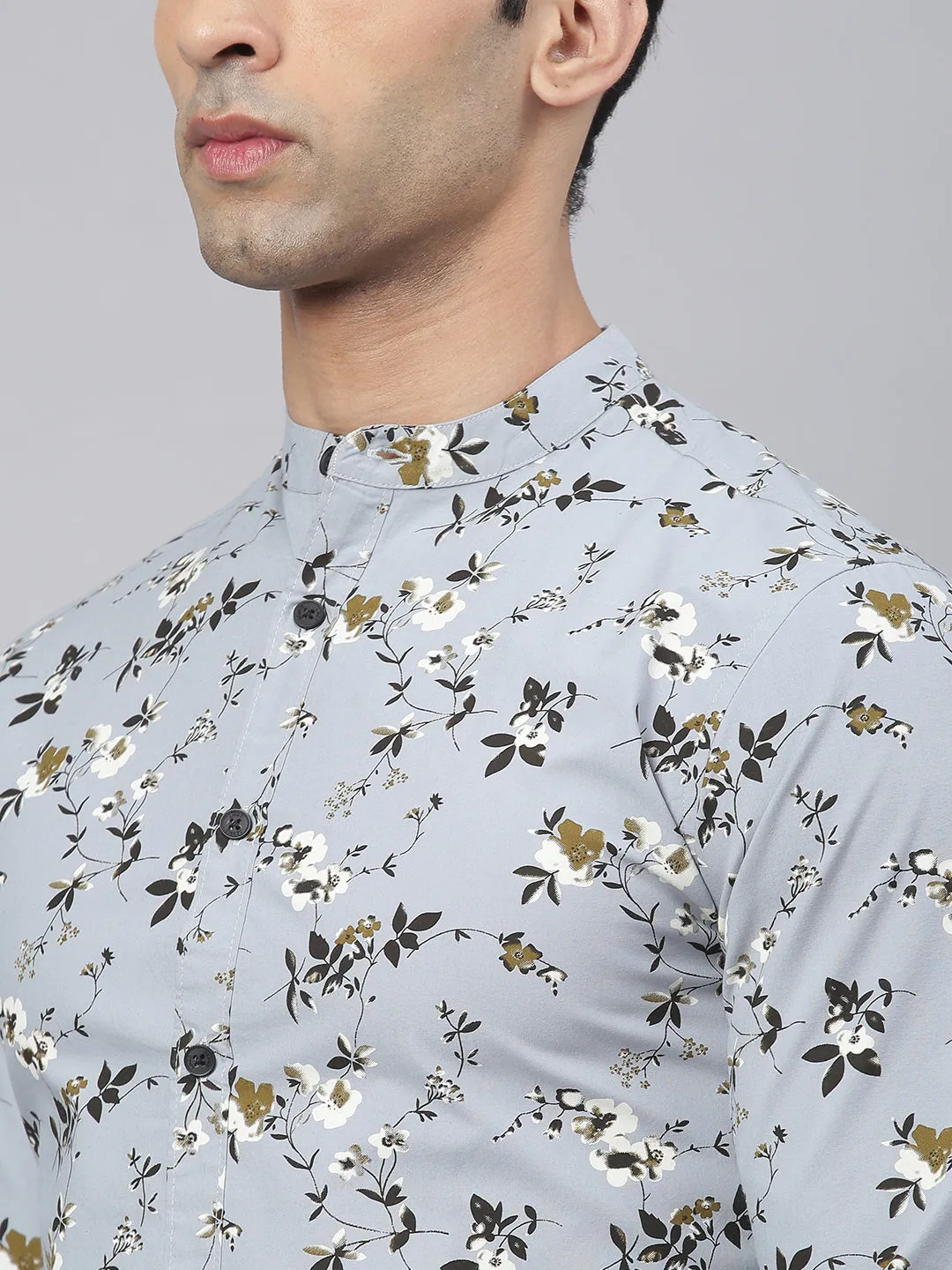 Men's Floral Print Dusty Teal Slim Fit Cotton Casual Shirt