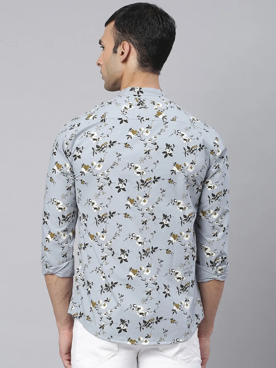 Men's Floral Print Dusty Teal Slim Fit Cotton Casual Shirt