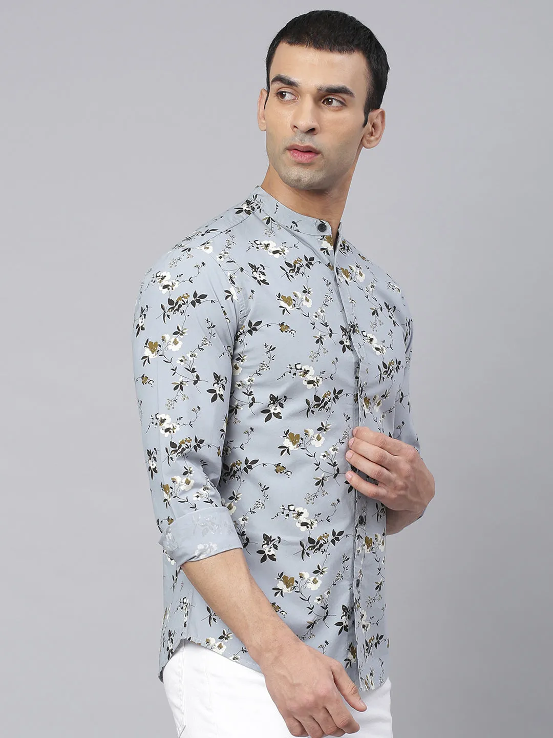Men's Floral Print Dusty Teal Slim Fit Cotton Casual Shirt