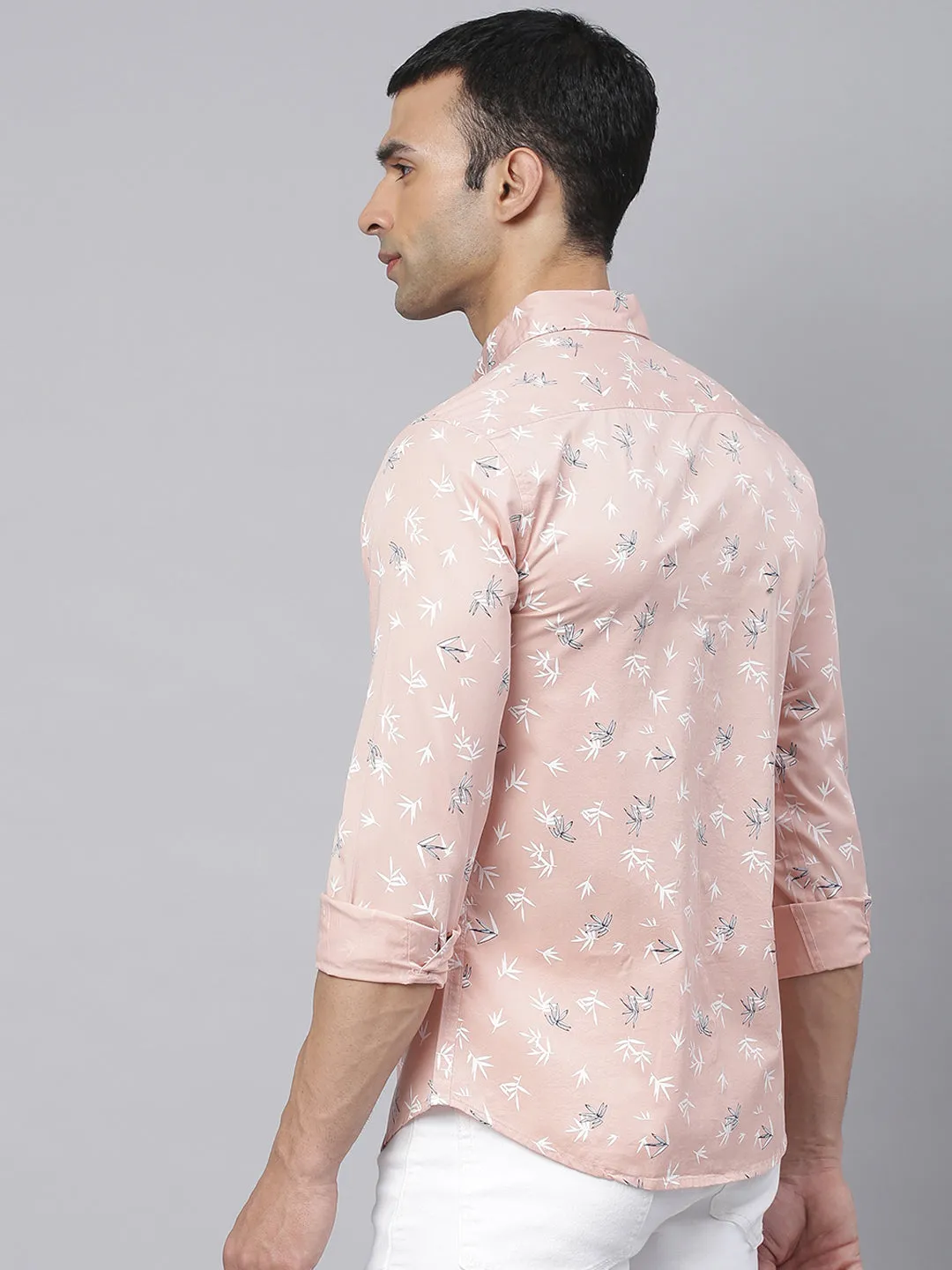 Men's Floral Print Peach Slim Fit Cotton Casual Shirt