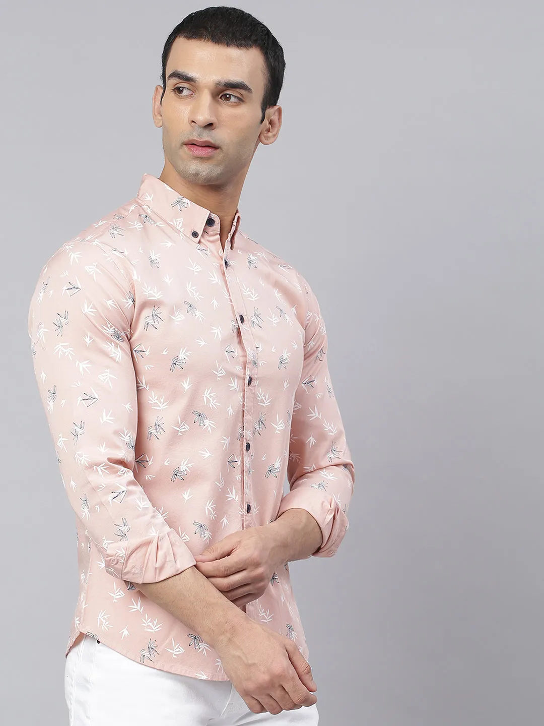 Men's Floral Print Peach Slim Fit Cotton Casual Shirt