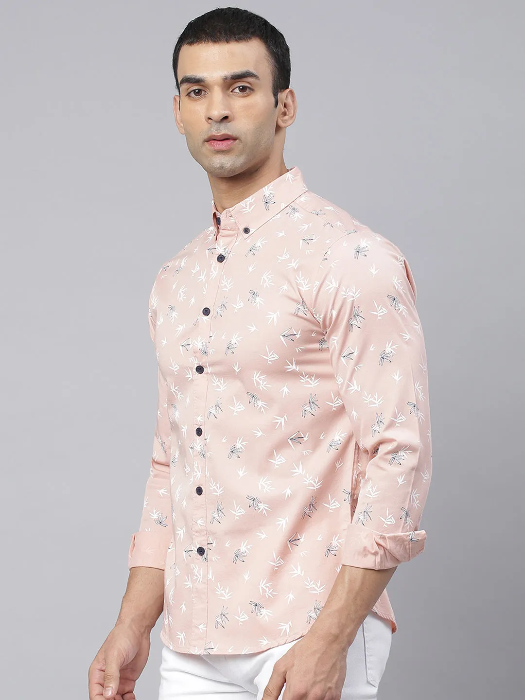 Men's Floral Print Peach Slim Fit Cotton Casual Shirt