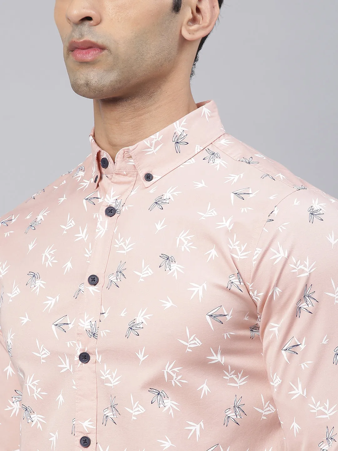 Men's Floral Print Peach Slim Fit Cotton Casual Shirt