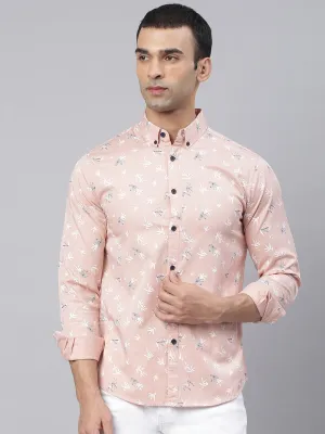 Men's Floral Print Peach Slim Fit Cotton Casual Shirt