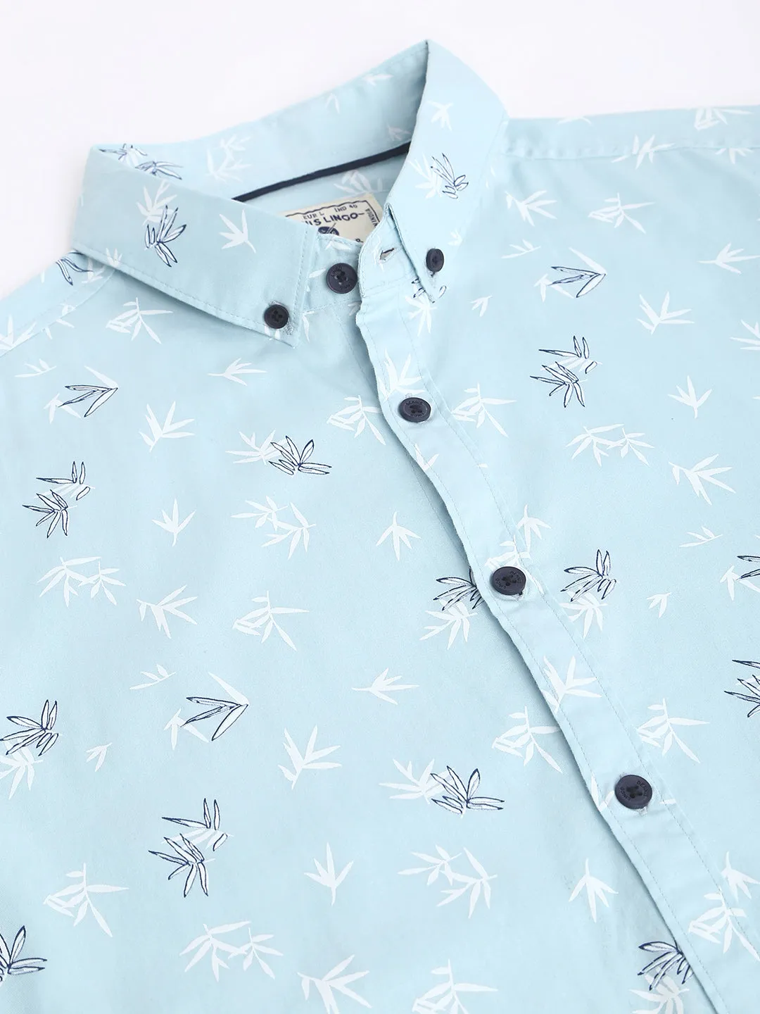 Men's Floral Sky Blue Slim Fit Cotton Casual Shirt With Button Down Collar & Half Sleeves
