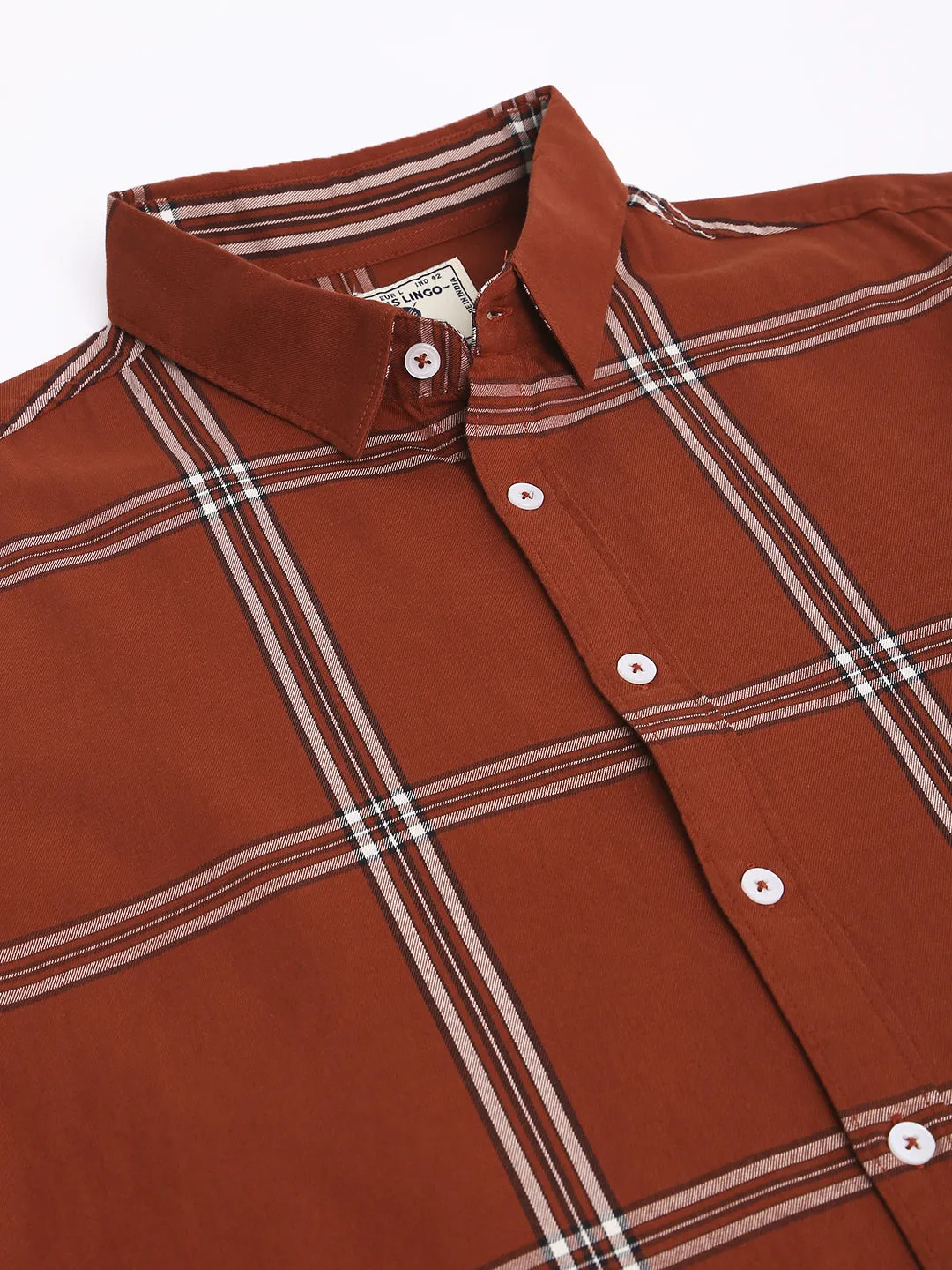 Men's Plaid Brown Slim Fit Cotton Casual Shirt With Spread Collar & Full Sleeves
