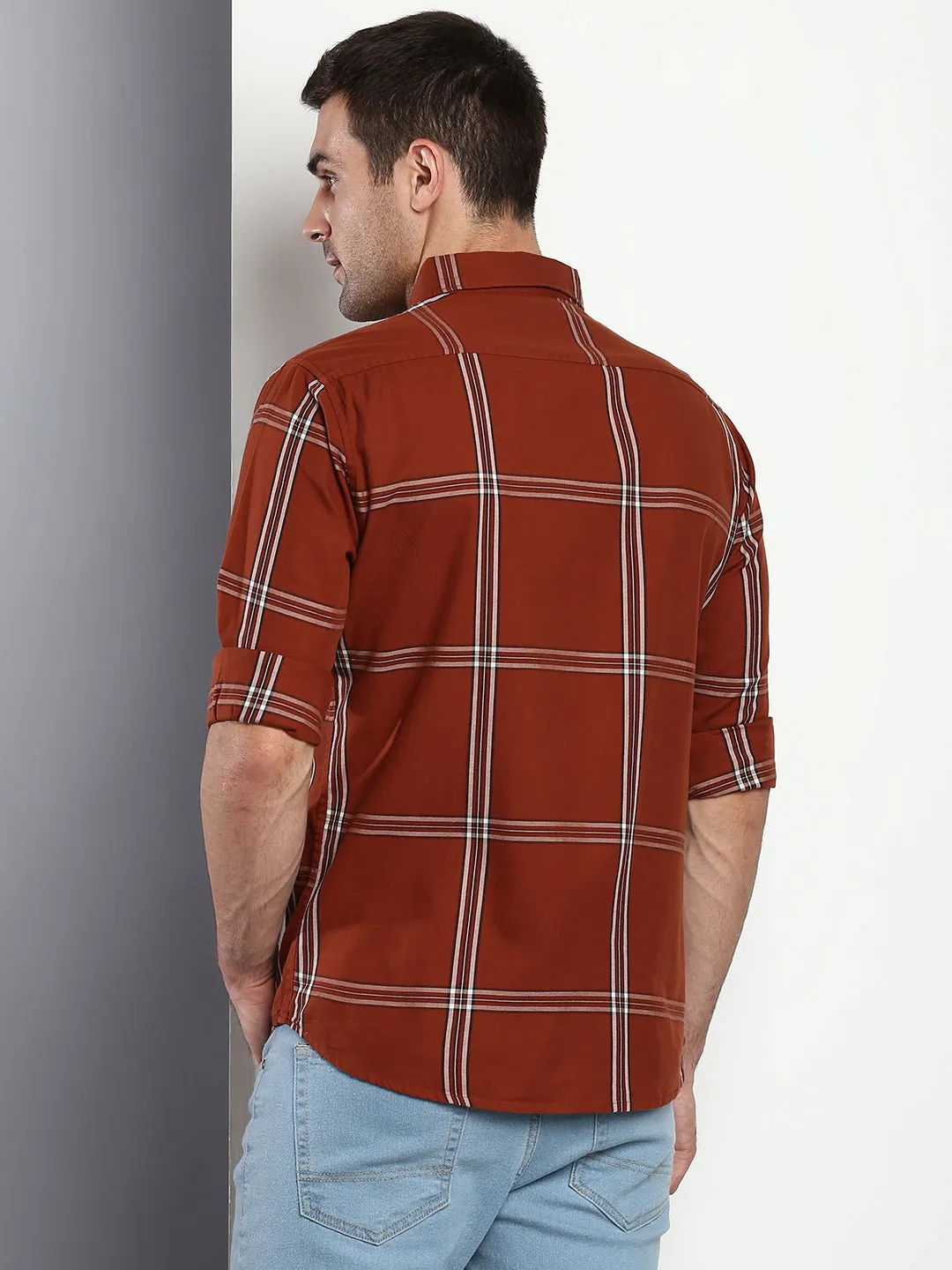Men's Plaid Brown Slim Fit Cotton Casual Shirt With Spread Collar & Full Sleeves