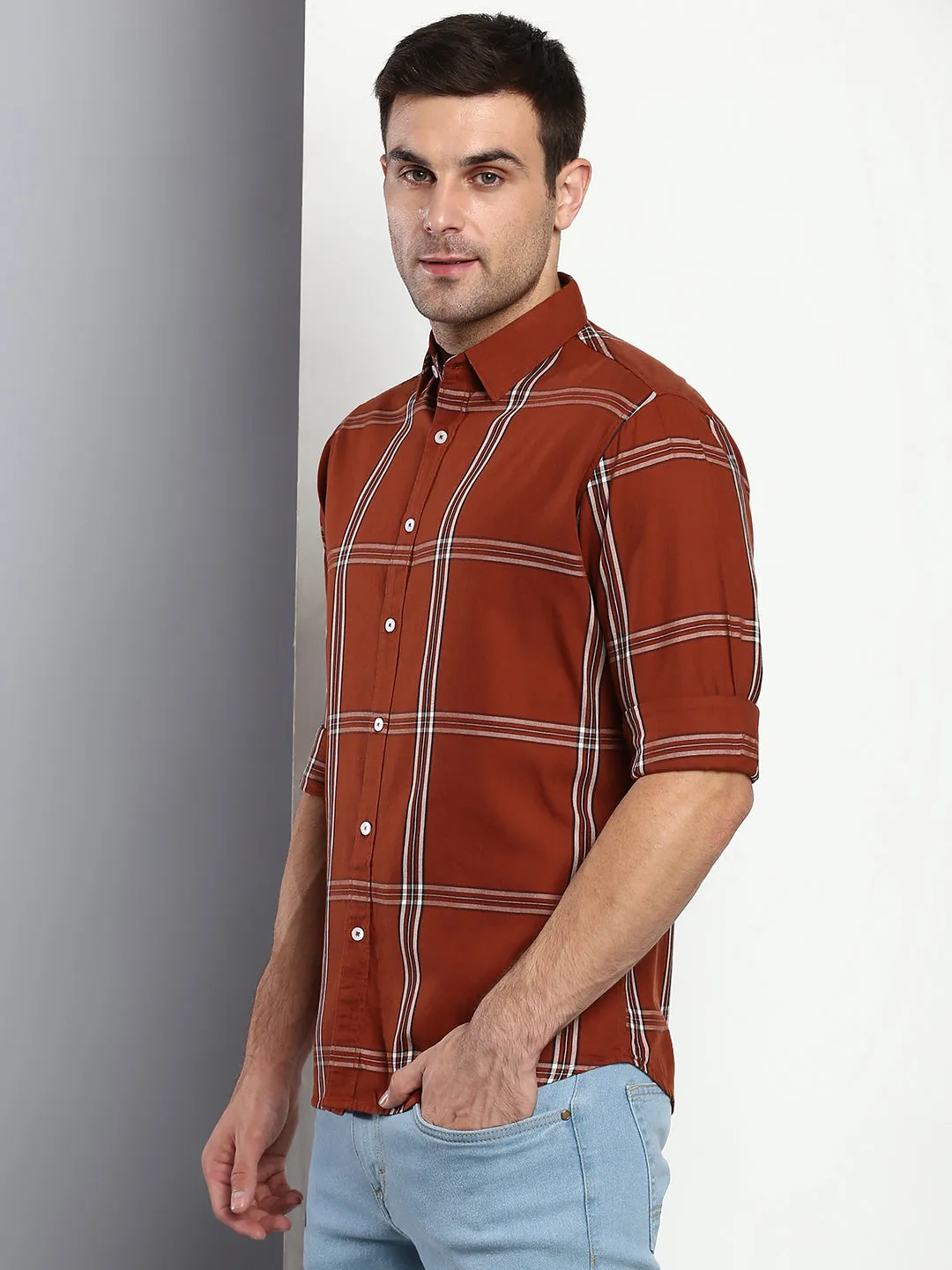 Men's Plaid Brown Slim Fit Cotton Casual Shirt With Spread Collar & Full Sleeves
