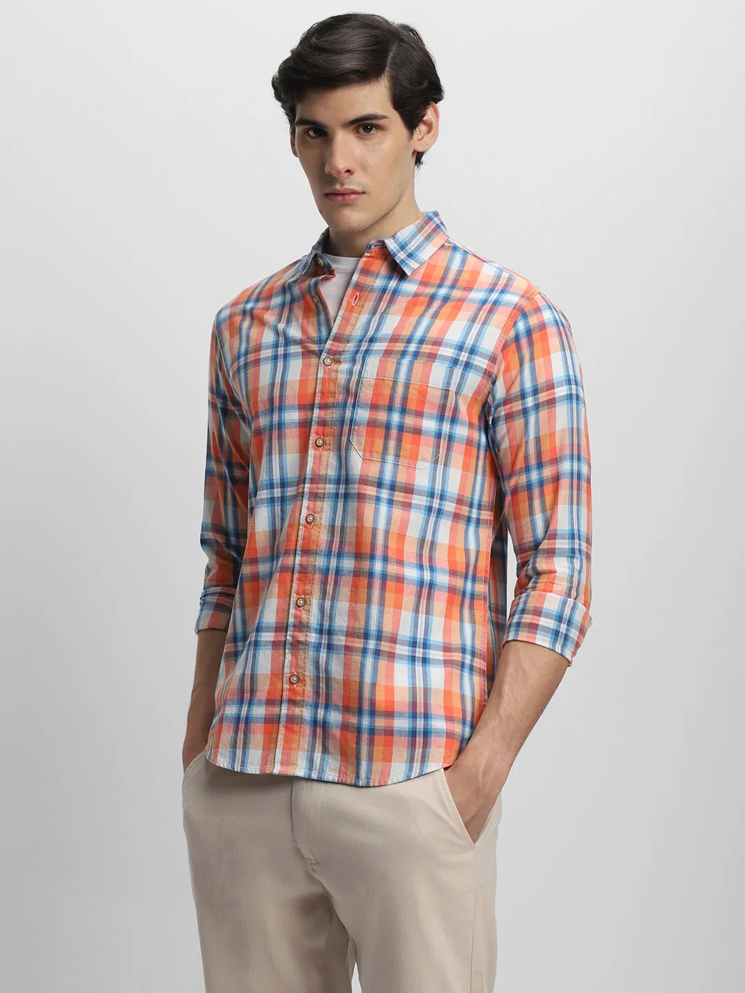 Men's Slim Fit Tartan Checks Opaque Pure Cotton Casual Shirt