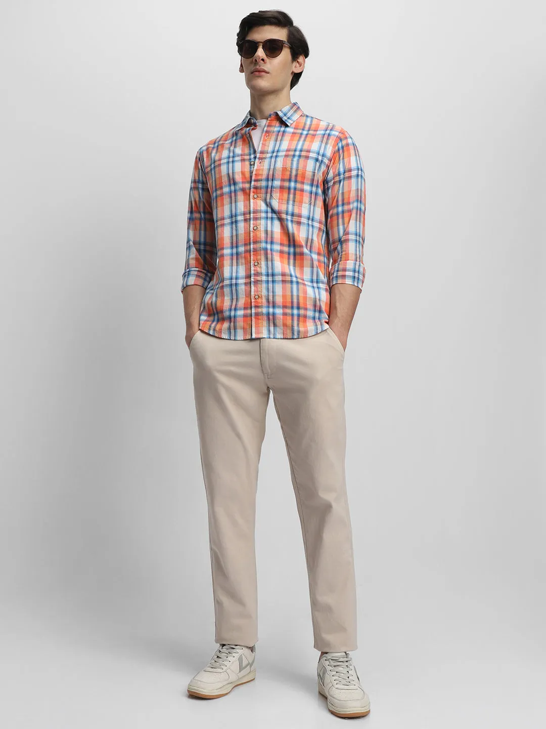 Men's Slim Fit Tartan Checks Opaque Pure Cotton Casual Shirt