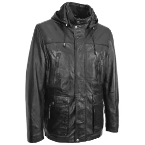 Mens Soft Leather Parka With Hood 3/4 Long Coat DAVE Black