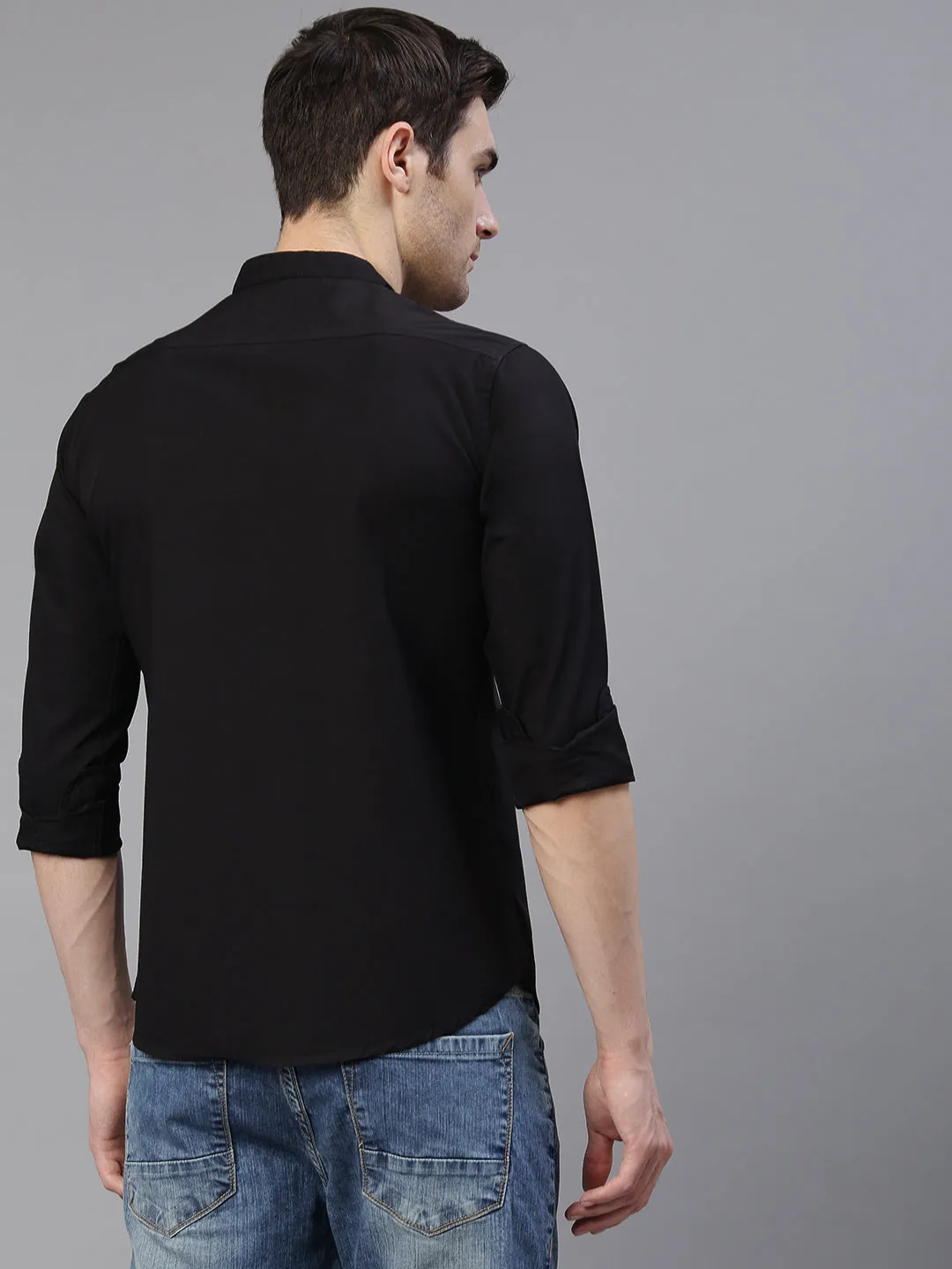 Men's Solid Black Slim Fit Cotton Casual Shirt