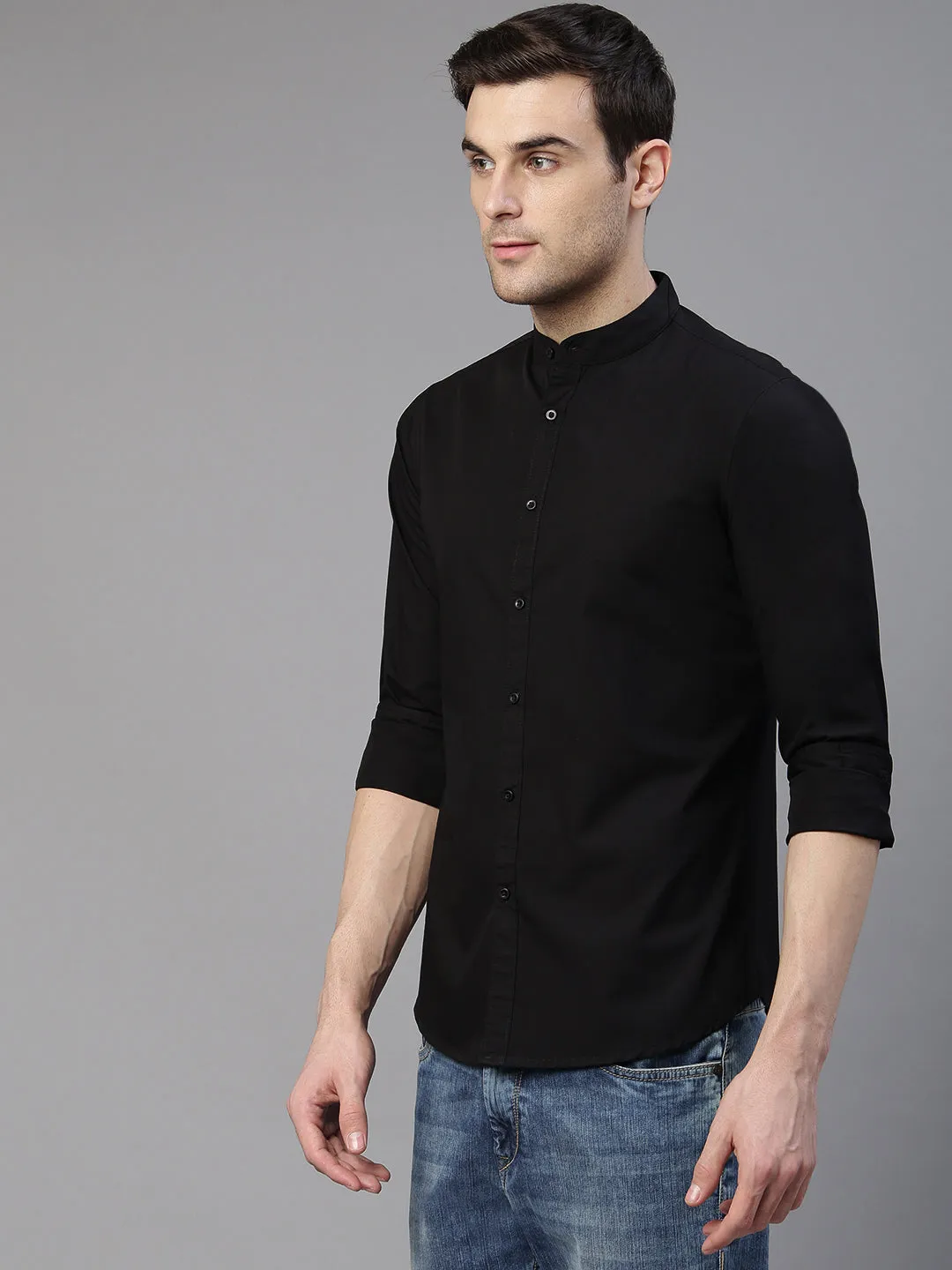 Men's Solid Black Slim Fit Cotton Casual Shirt